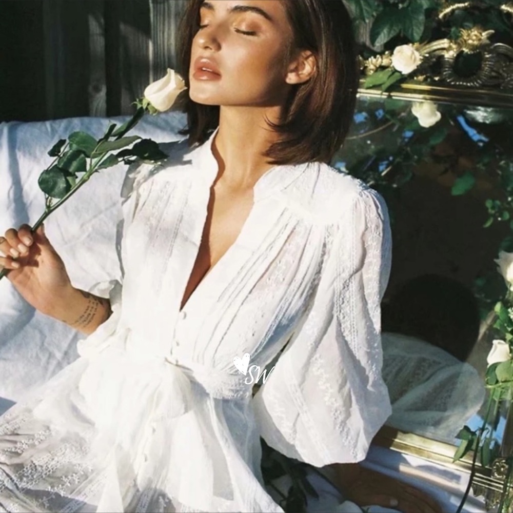 Boho Crochet Eyelet Button Up Gypsy Dress white - Picture 13 of 15